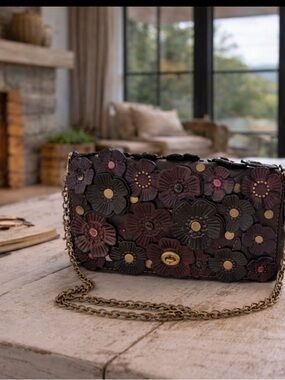 Coach Dinky 1941 Floral Appliqué Crossbody Bag in Plum and Black.